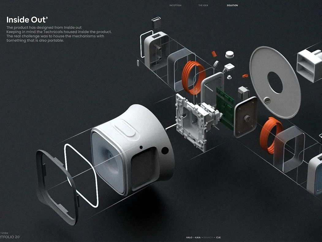 A handheld device drawn exploded into its shells, boards and coils, laid out in order along a construction axis