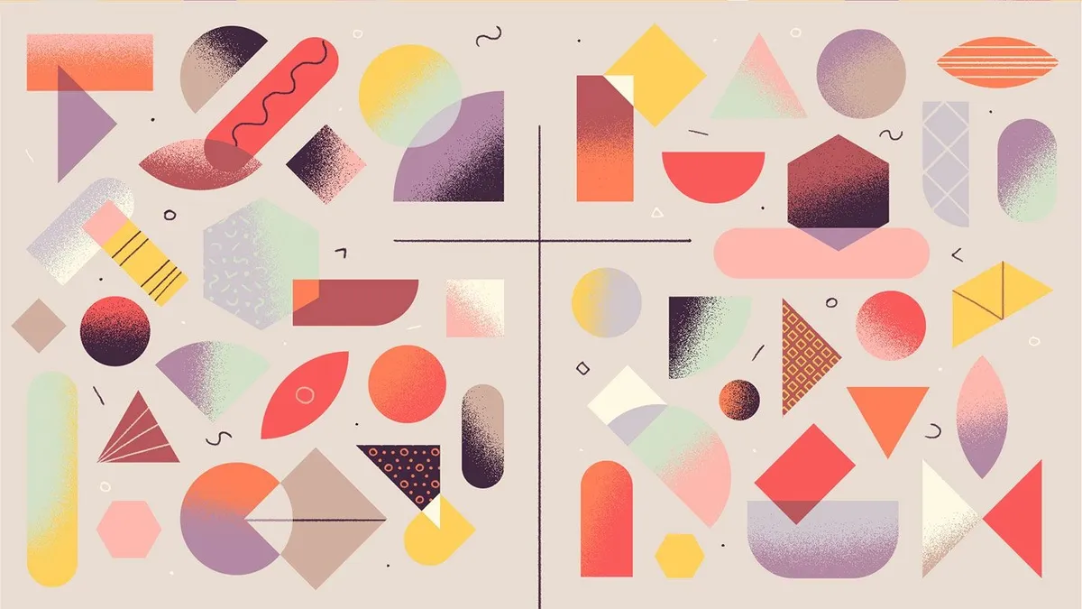 Four motion styleframes on cream, coral and lilac geometry cut into quarters of one system