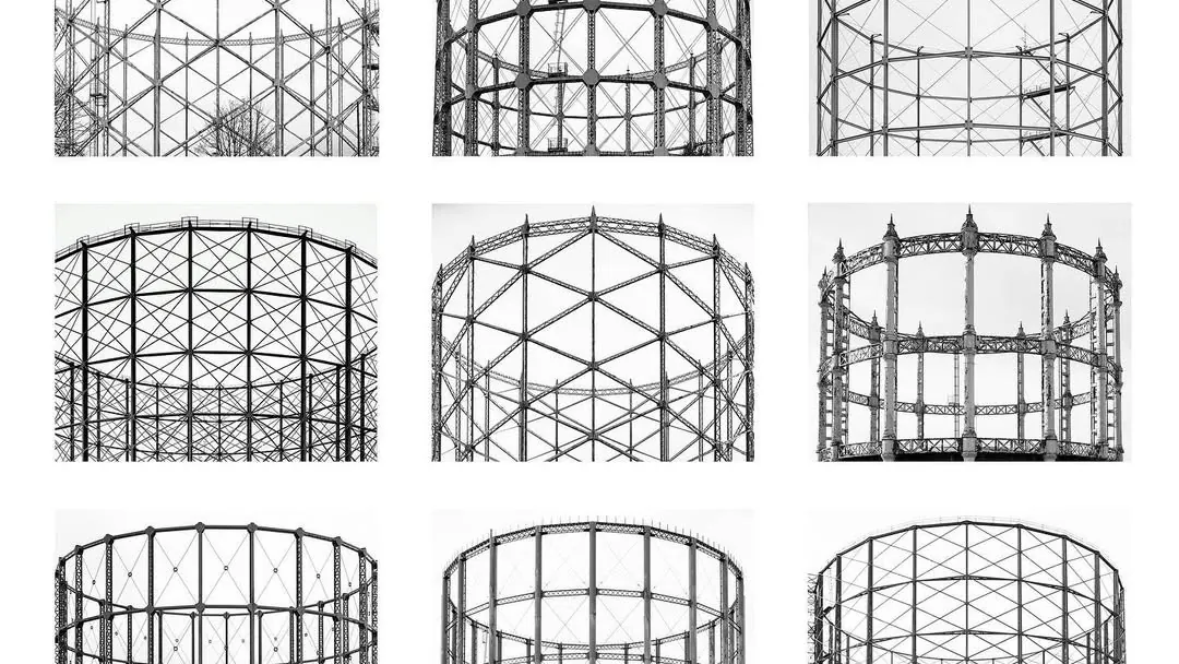 Nine gas holders photographed from the same distance and lined up in a three-by-three grid on white