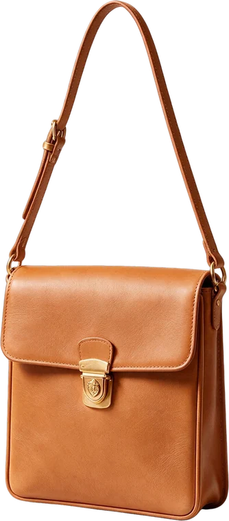 A tan leather crossbody bag hanging from its strap