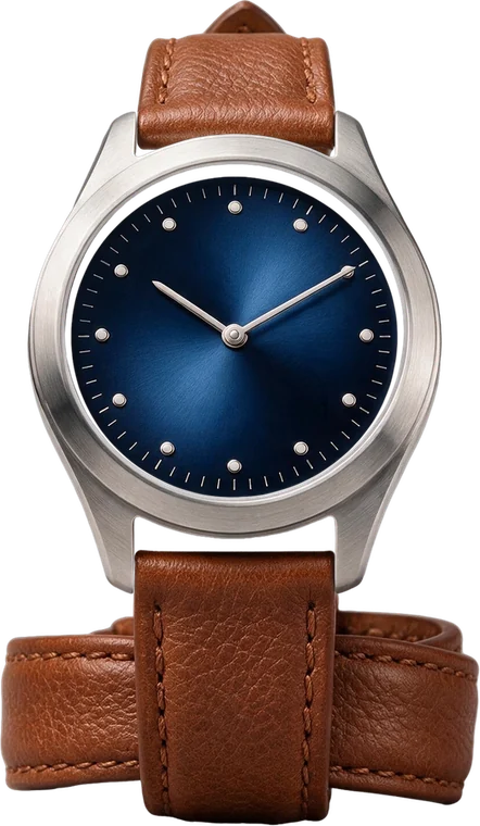 A steel wristwatch with a midnight-blue dial on a tan leather strap