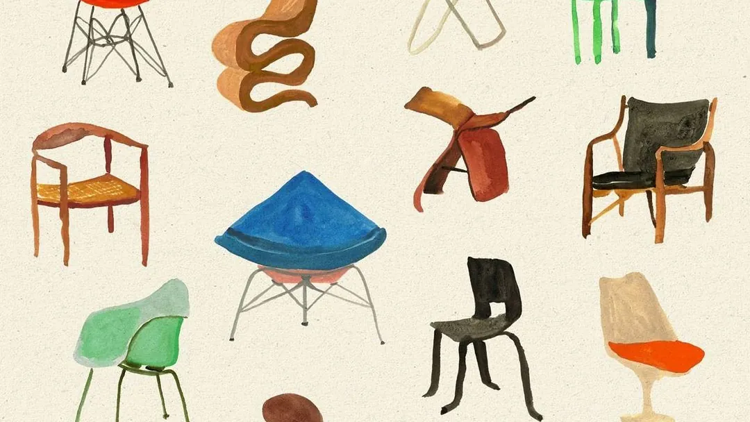 Gouache illustrations of two dozen modernist chairs, unmistakably one hand, laid out on cream paper