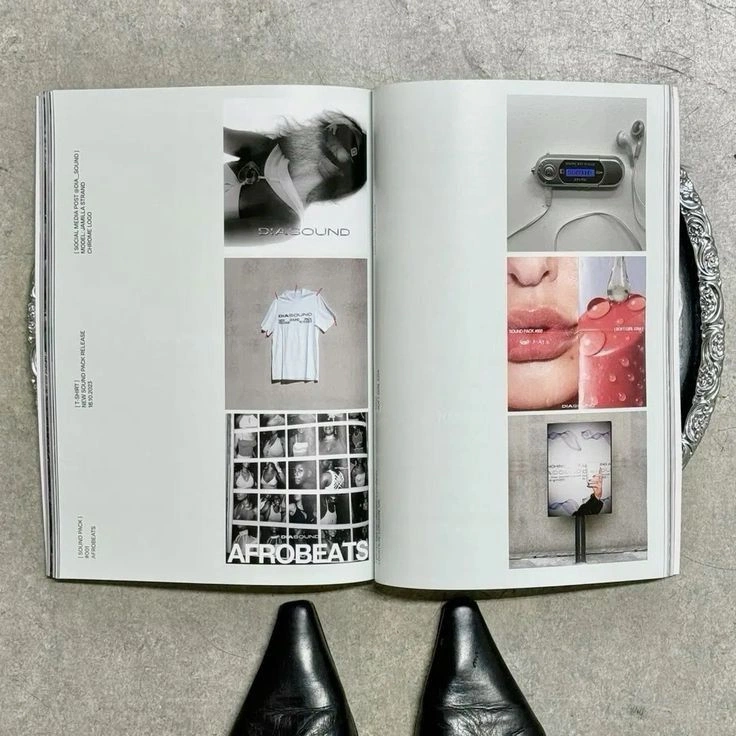 An open magazine spread laying a product release out on a strict grid