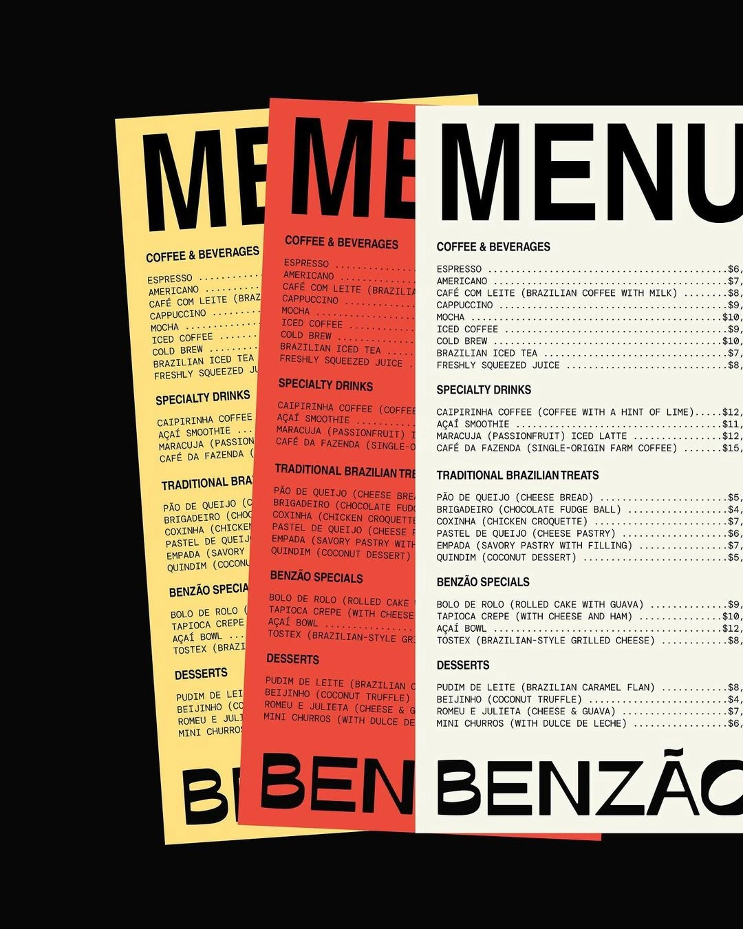 One menu design fanned out in three colourways, yellow, red and cream