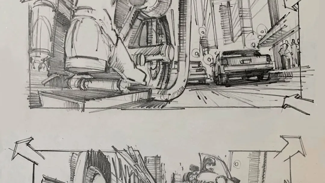 Pencil storyboard panels of a car chase, camera arrows and a scrawled FAST across the paper grain
