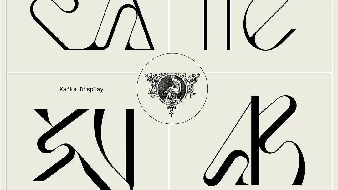 Six frames of one display typeface, its ligatures redrawn in each, printed black on cream