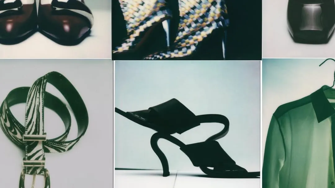 A twelve-frame grid of fashion still lifes — shoes, knitwear, a bag — each shot on its own deep-teal ground