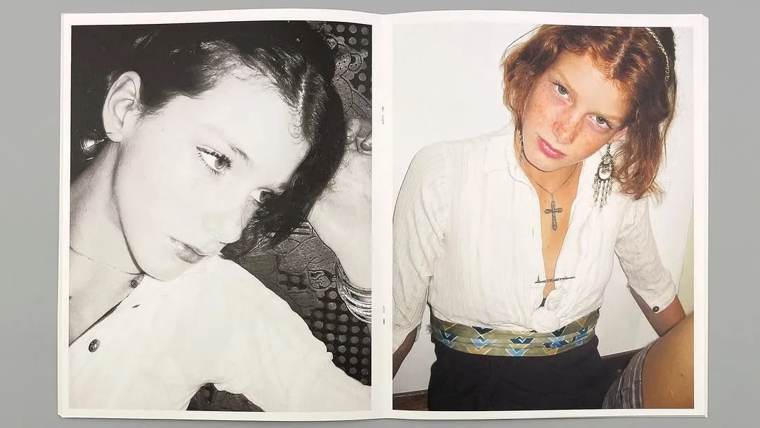 An open photo book pairing the same young woman in black and white on one page and in colour on the next