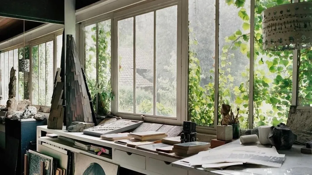 A long studio worktable under a wall of windows, drawings and stacked papers running its whole length
